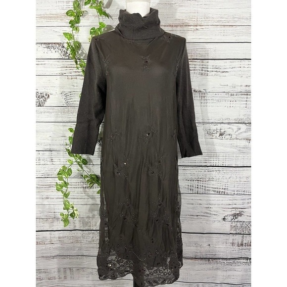 Sundance Dress sz Medium Brown Rabbit Hair Lace Sequins Knee Modest Midi Boho - Picture 1 of 14